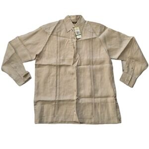 Men's Guayabera Casual Shirt Small S Embroidery Trim Long Sleeves Beige Tan